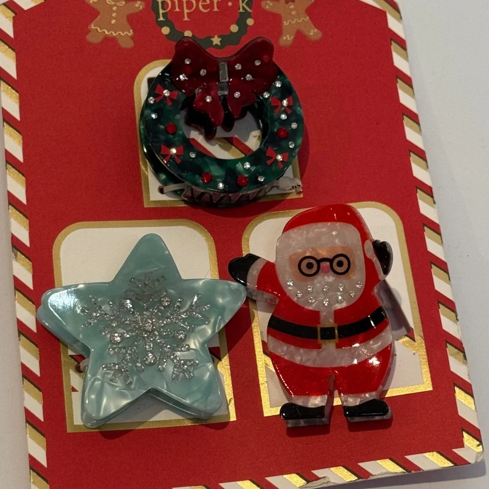 NWT Piper K 3Pcs Christmas Hair Clips Wreath, Star and Santa Claus